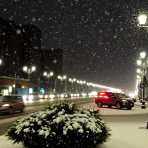 Snowflakes falling on a Boston street at night