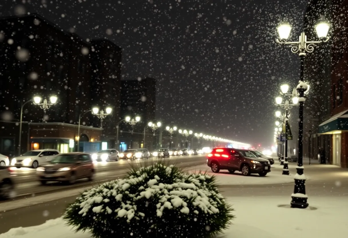 Snowflakes falling on a Boston street at night