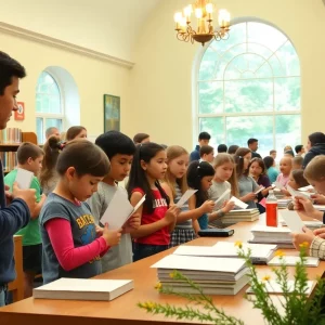 A group of young spellers at Boston's annual spelling bee in a library setting.