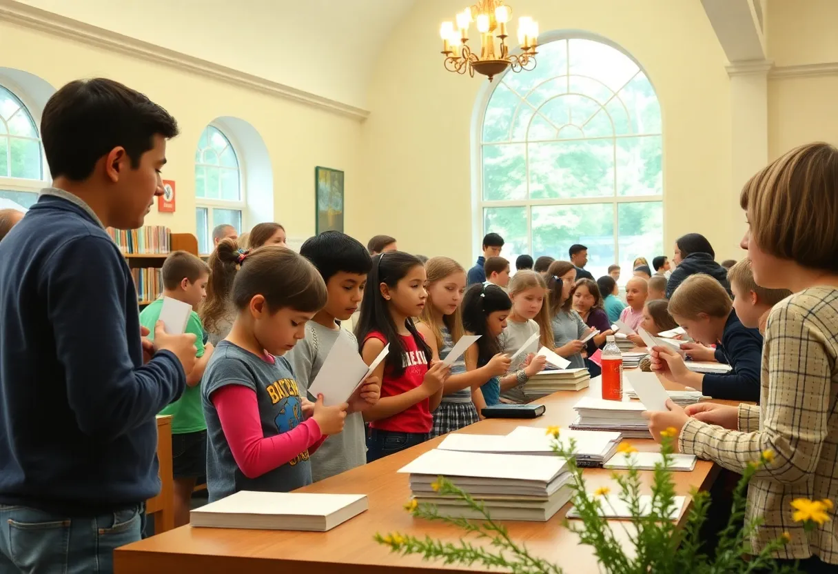 A group of young spellers at Boston's annual spelling bee in a library setting.