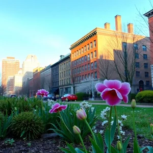 A vibrant spring day in Boston with blooming flowers and clear skies.