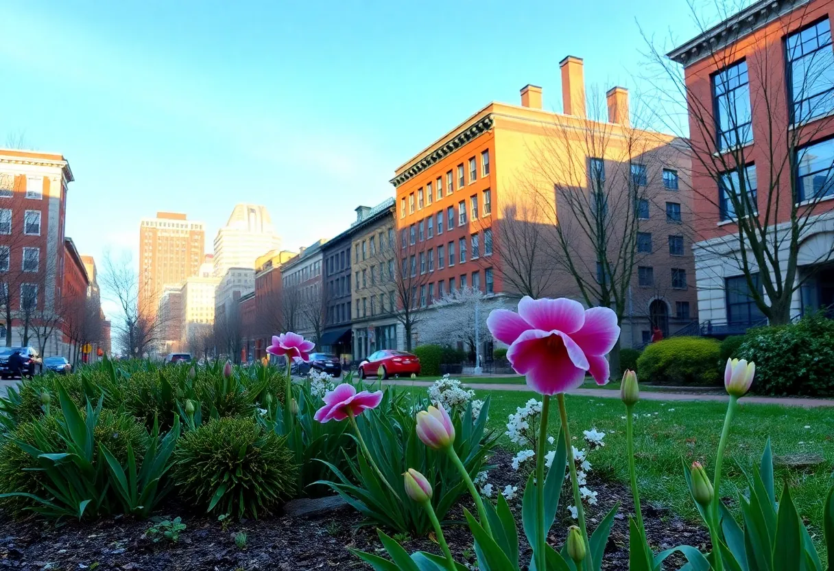 A vibrant spring day in Boston with blooming flowers and clear skies.
