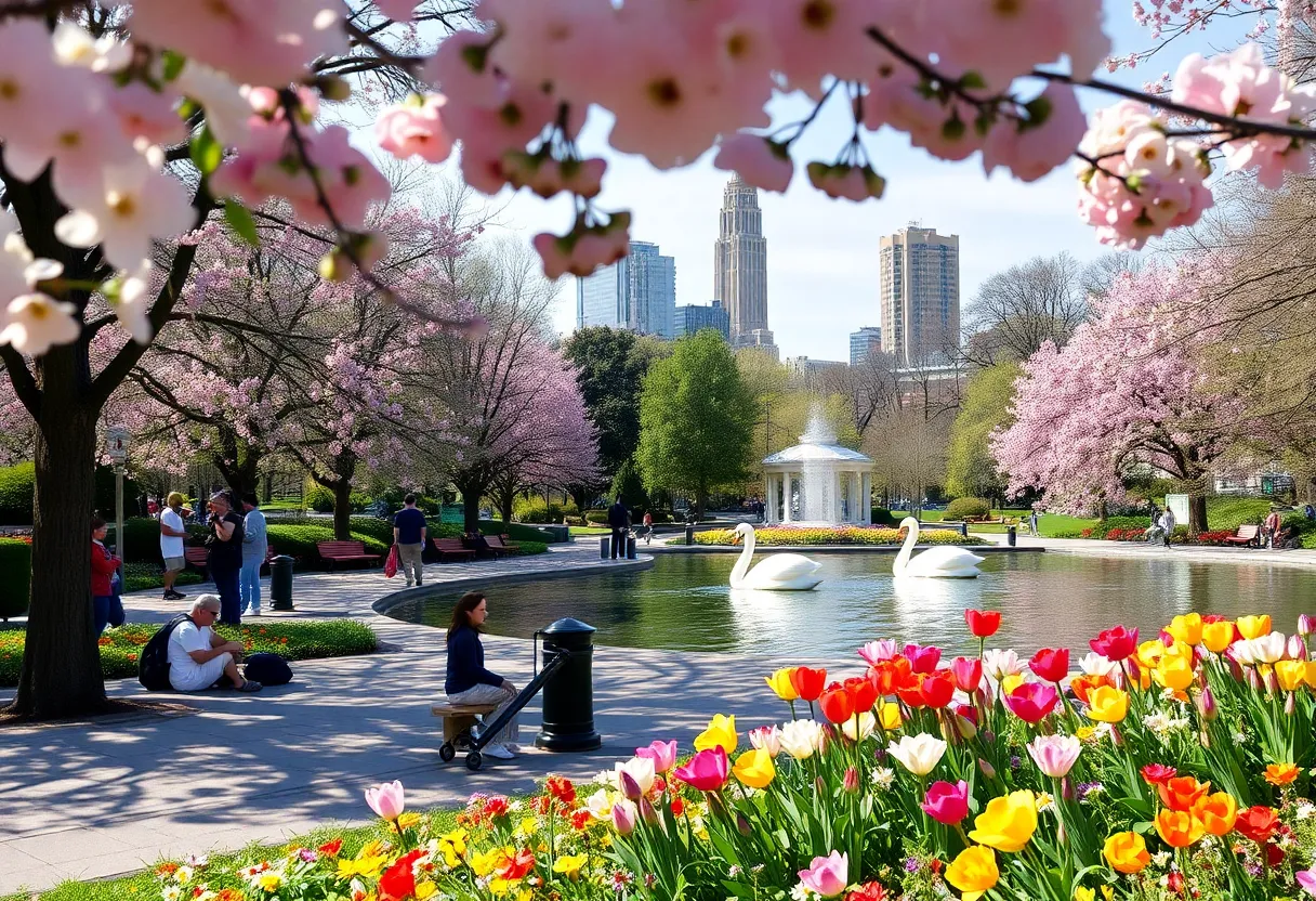 Blooming flowers in Boston Public Garden with Swan Boats.