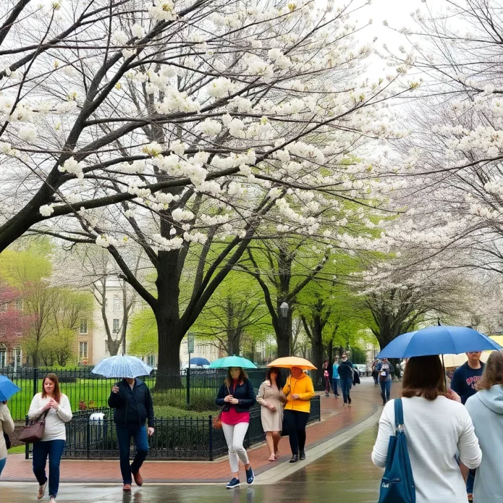 A beautiful spring day in Boston with flowers blooming and snow patches in the background.