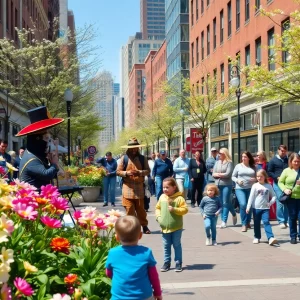 Spring scene in Boston with street performers and blossoming flowers.