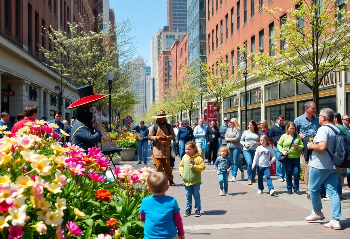 Spring scene in Boston with street performers and blossoming flowers.