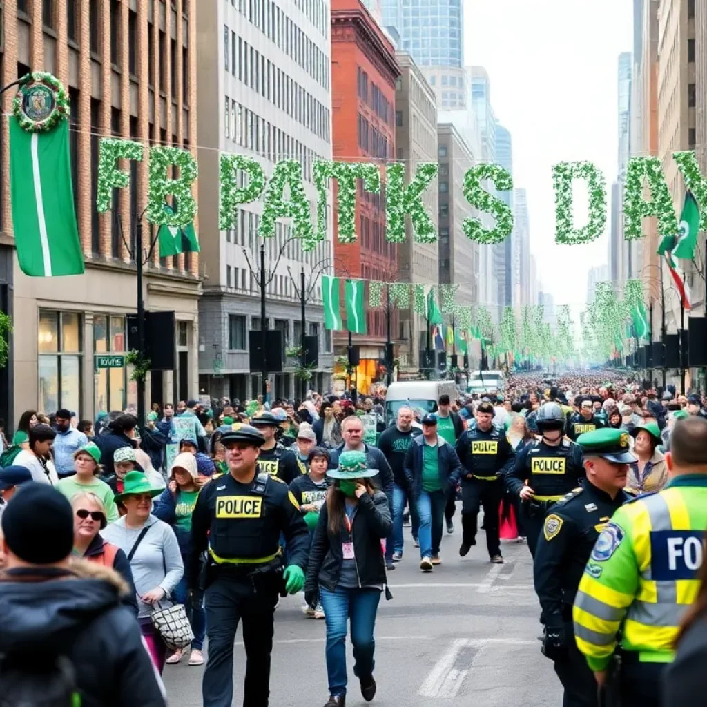 Boston street during St. Patrick's Day parade with festive crowds and police presence