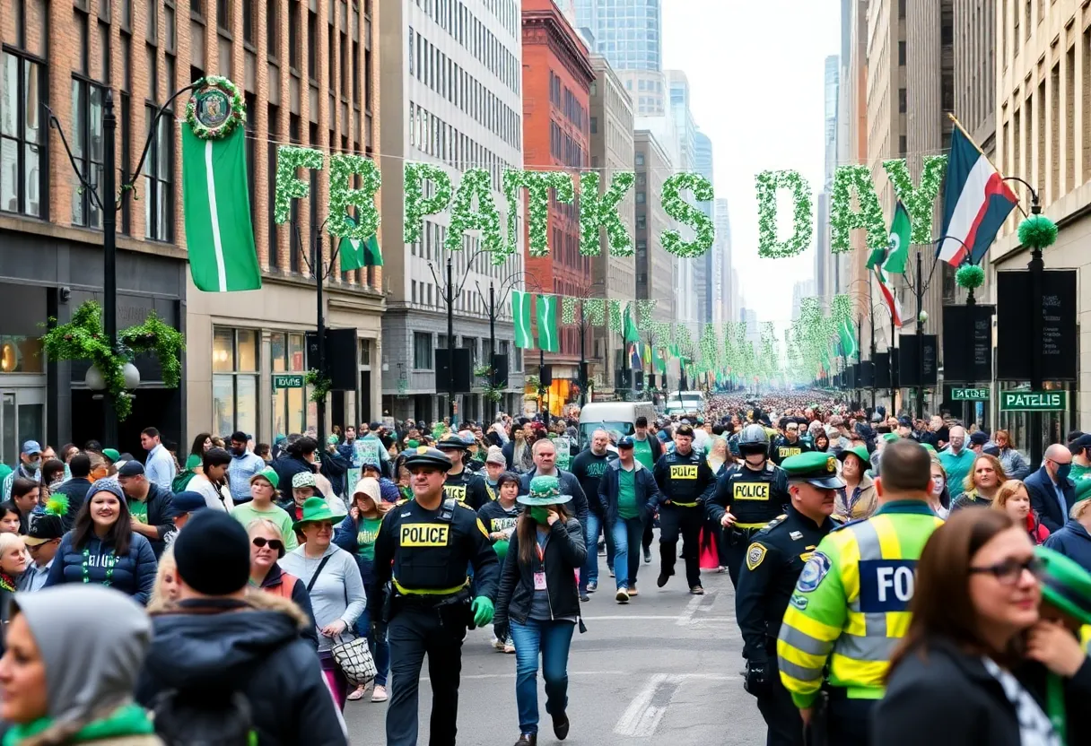 Boston street during St. Patrick's Day parade with festive crowds and police presence