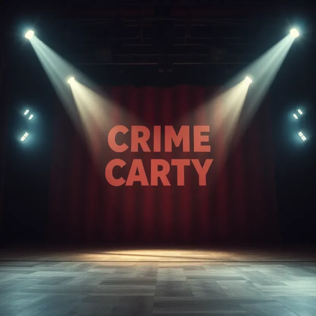 Theatrical scene depicting crime and charity theme