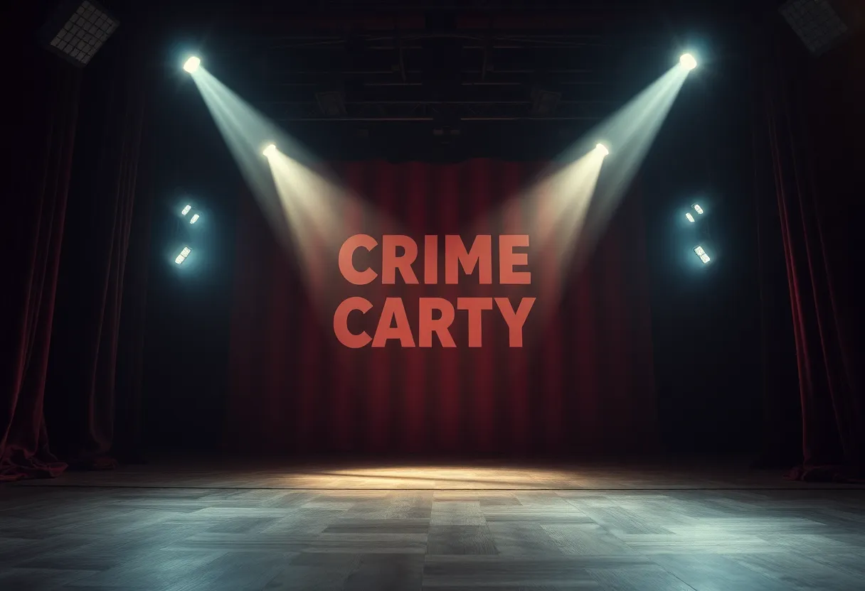 Theatrical scene depicting crime and charity theme