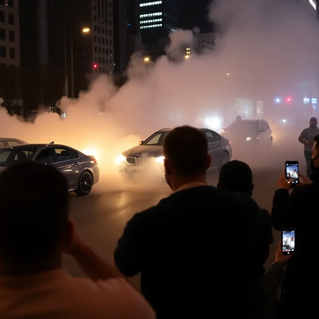 Crowd and cars during a street takeover in Boston
