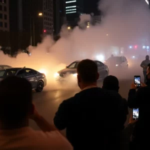 Crowd and cars during a street takeover in Boston
