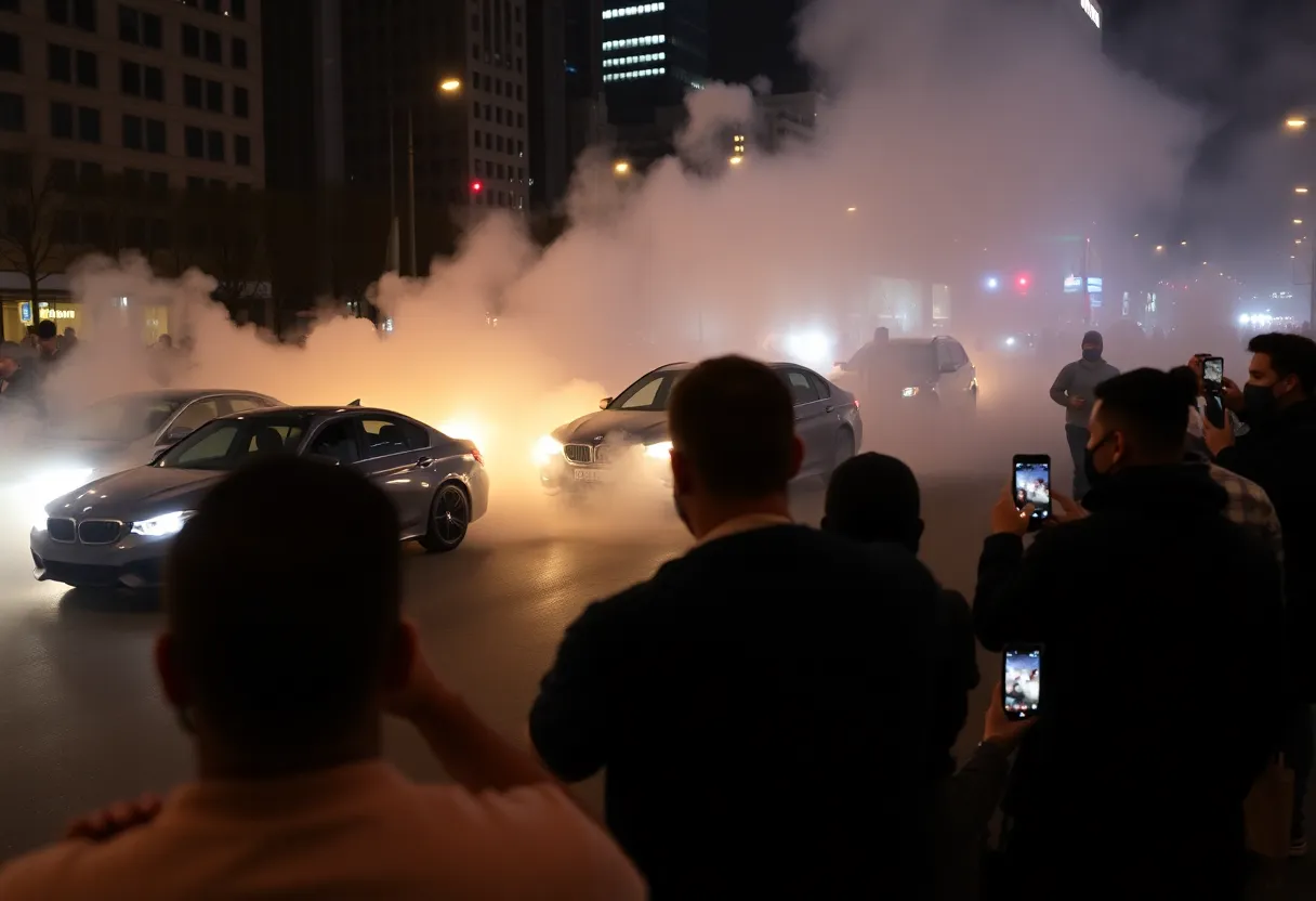 Crowd and cars during a street takeover in Boston