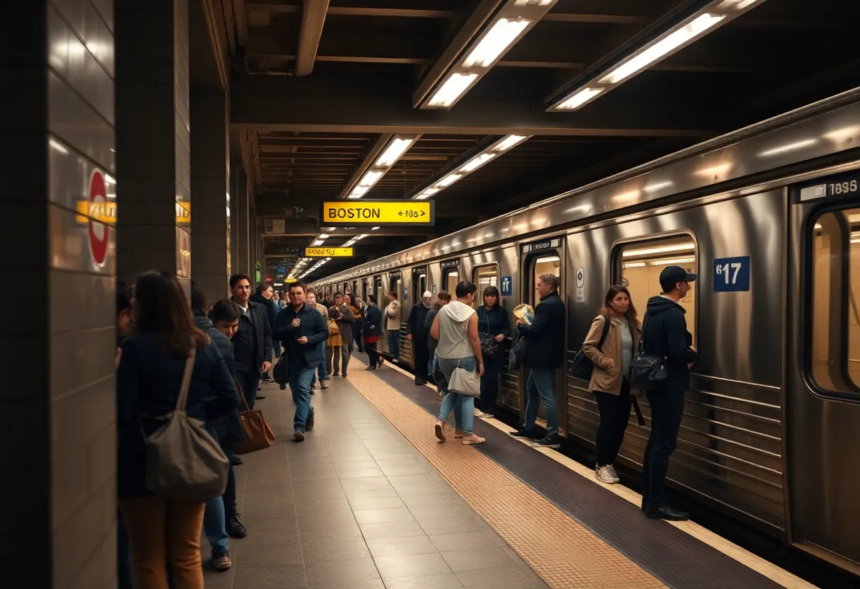 Crowd at a Boston T subway station with sound level indicators.