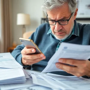 A Boston resident looks worried while reviewing tax documents and messages, highlighting the rising tax scams.