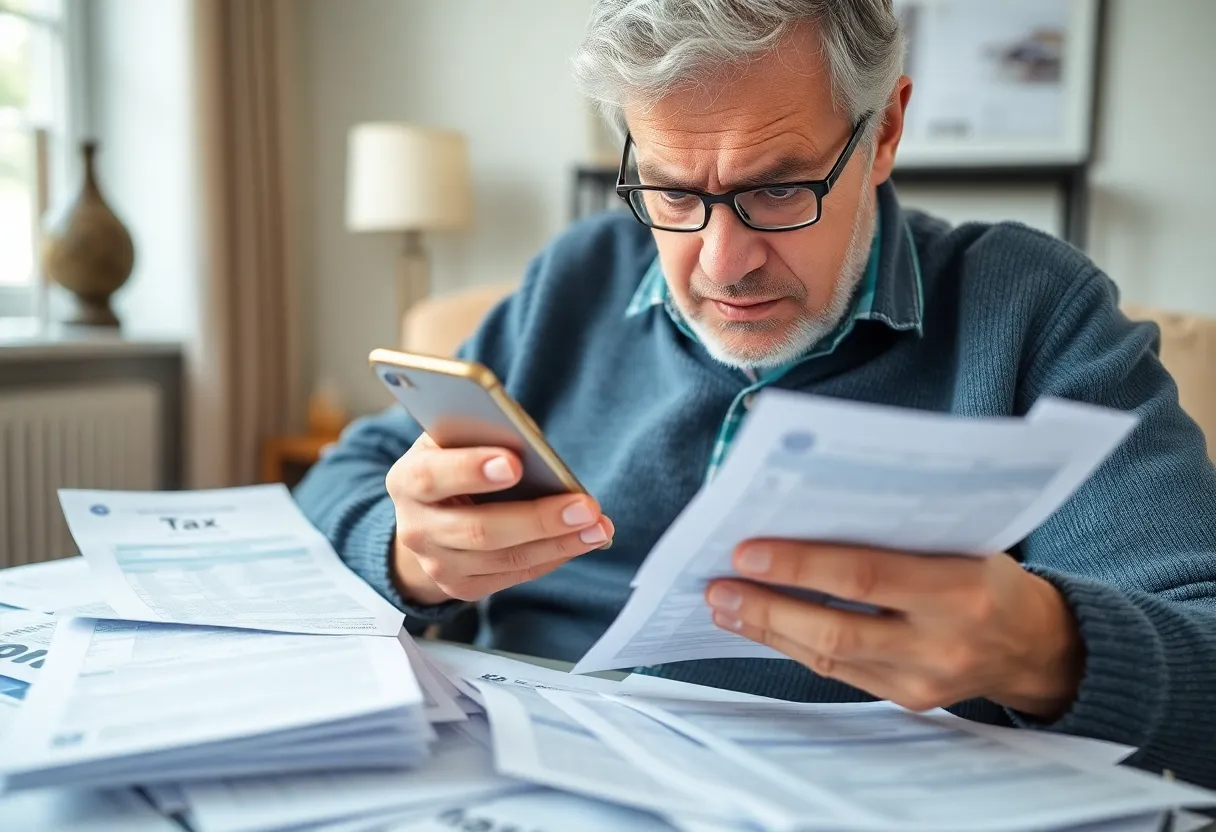 A Boston resident looks worried while reviewing tax documents and messages, highlighting the rising tax scams.