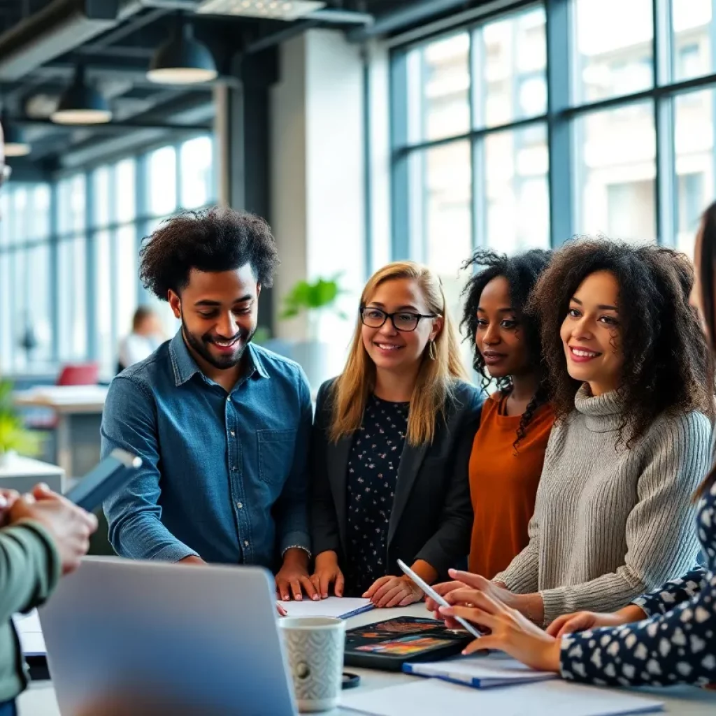 Diverse tech entrepreneurs collaborating in an innovative office environment