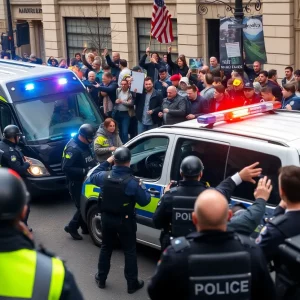 Law enforcement officers responding to a chaotic situation in Boston with a crowd gathered