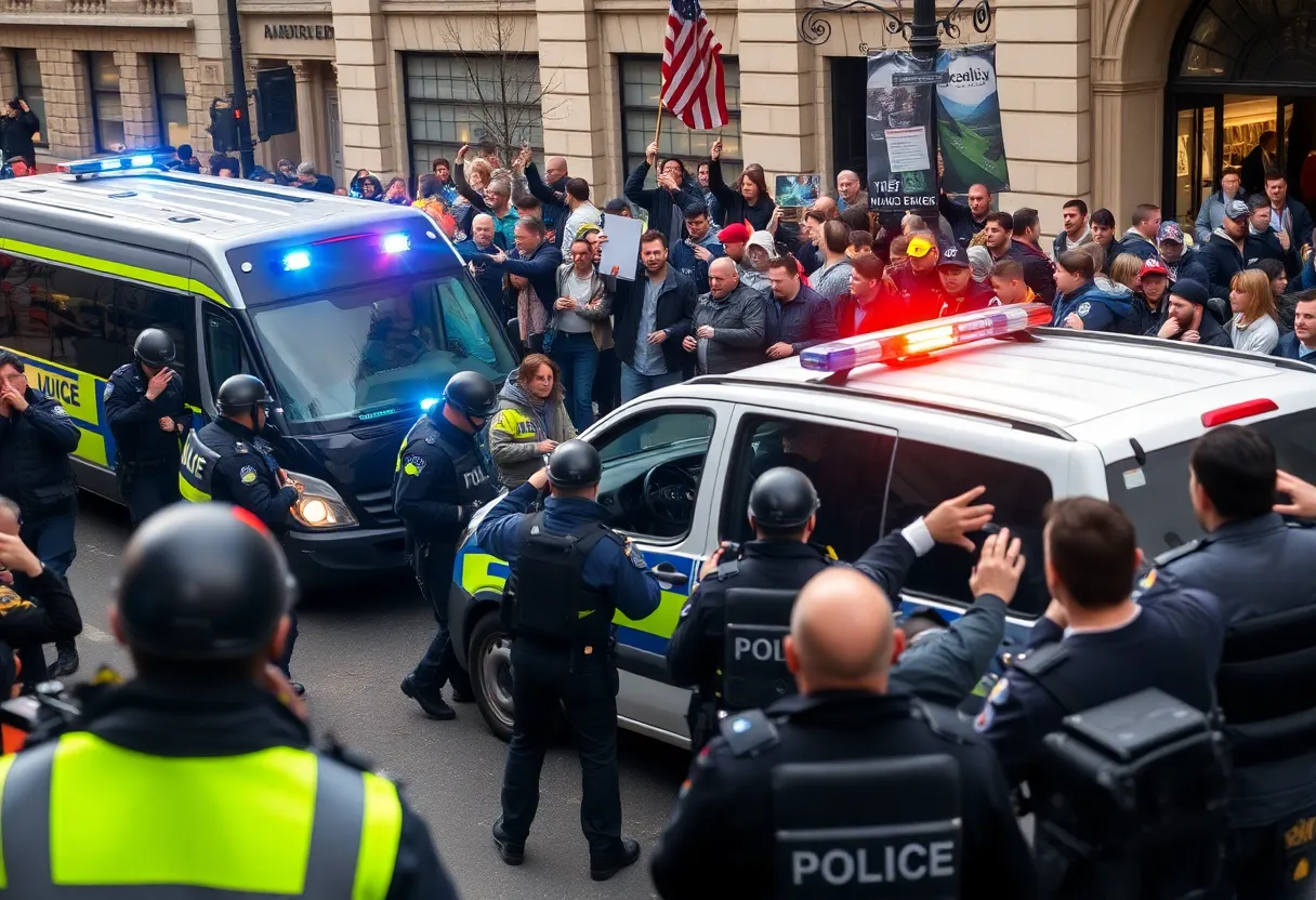 Law enforcement officers responding to a chaotic situation in Boston with a crowd gathered