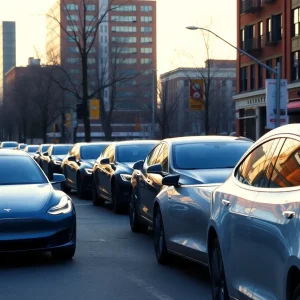 Tesla vehicles parked on a Boston street in the early morning