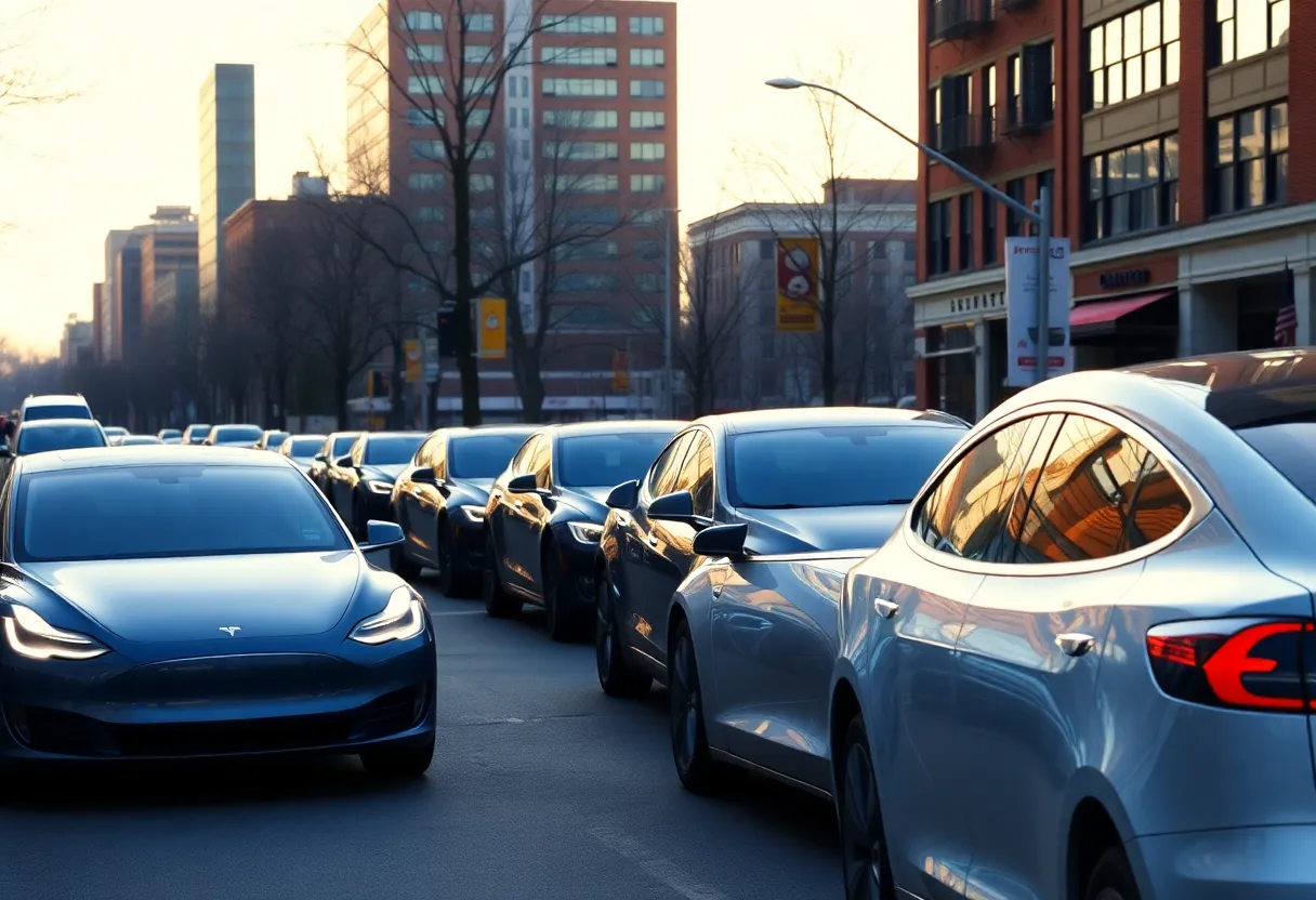 Tesla vehicles parked on a Boston street in the early morning