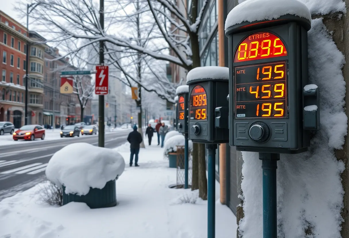 Snow-covered Boston street with visible energy meters showing high prices