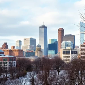 Winter landscape in Boston with snow and historical landmarks