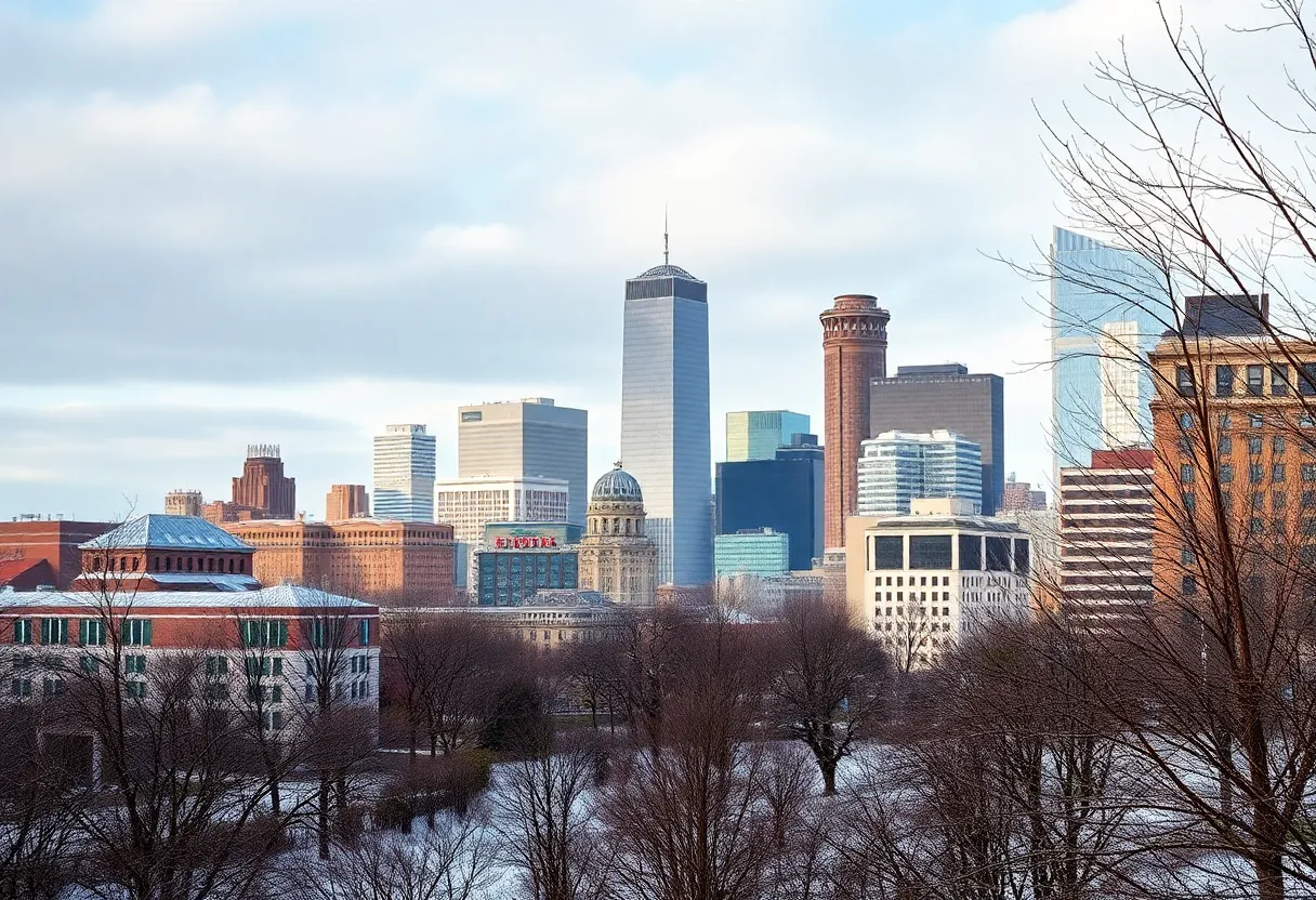 Winter landscape in Boston with snow and historical landmarks