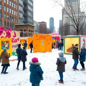 Art installations at the WINTERACTIVE exhibition in Boston's downtown area during winter.