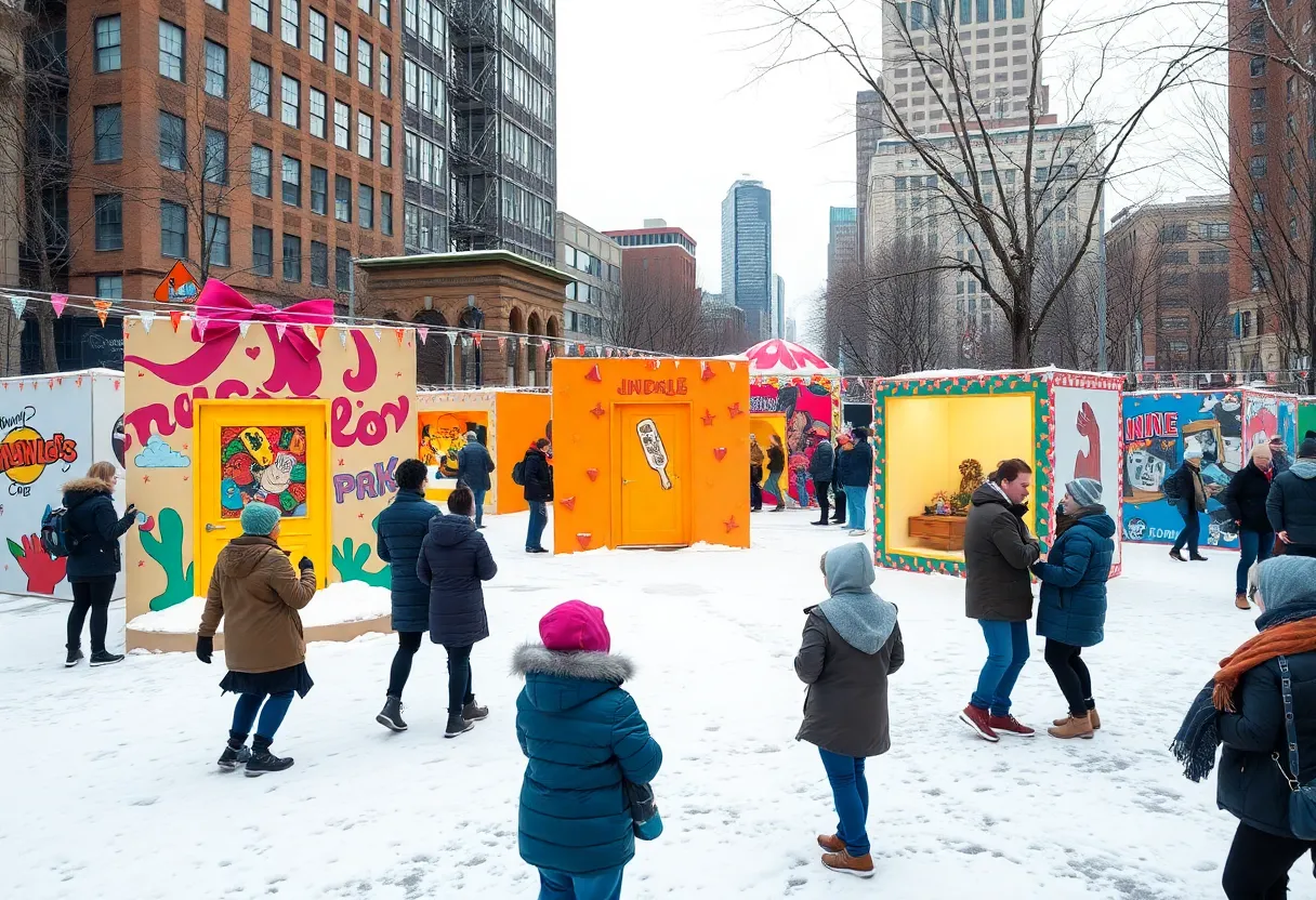 Art installations at the WINTERACTIVE exhibition in Boston's downtown area during winter.