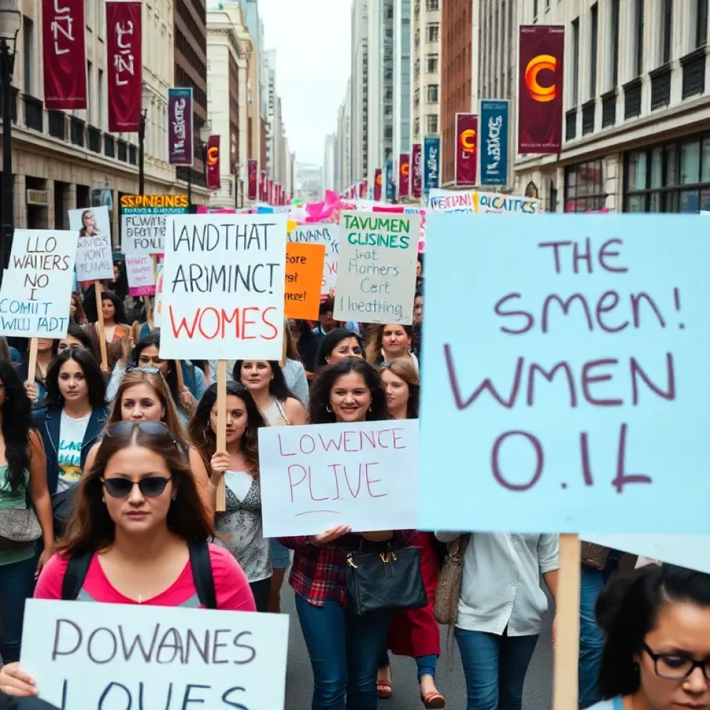 Protesters marching in Boston for Women's Day, holding colorful signs