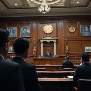Courtroom scene highlighting financial crime
