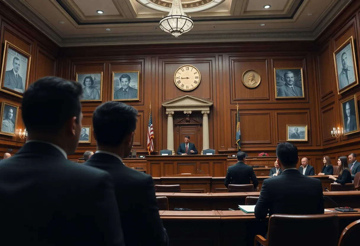 Courtroom scene highlighting financial crime