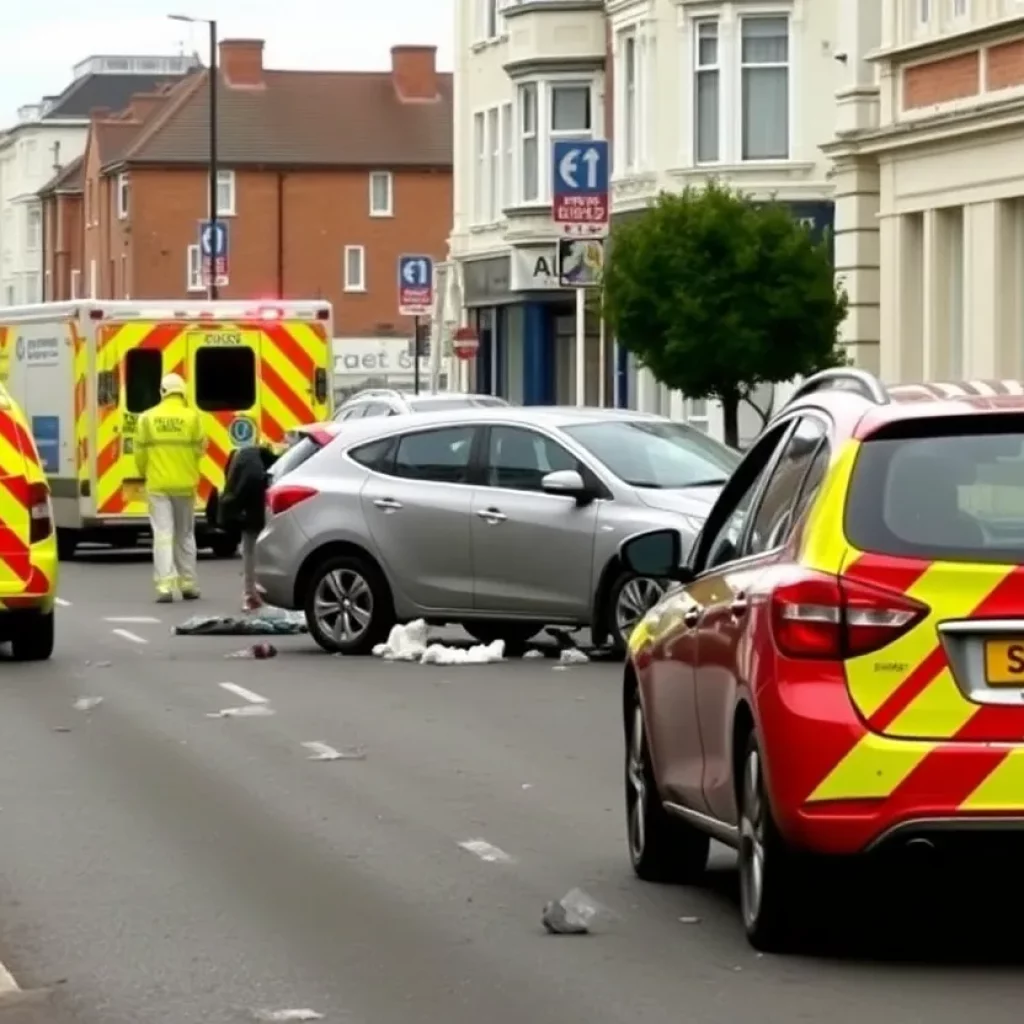 Scene of a three-car crash in Brighton with a vehicle crashed into a building.