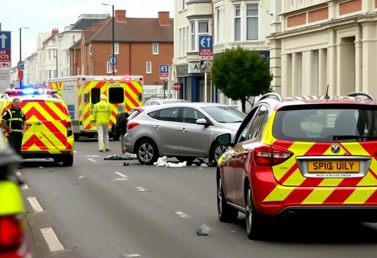 Scene of a three-car crash in Brighton with a vehicle crashed into a building.