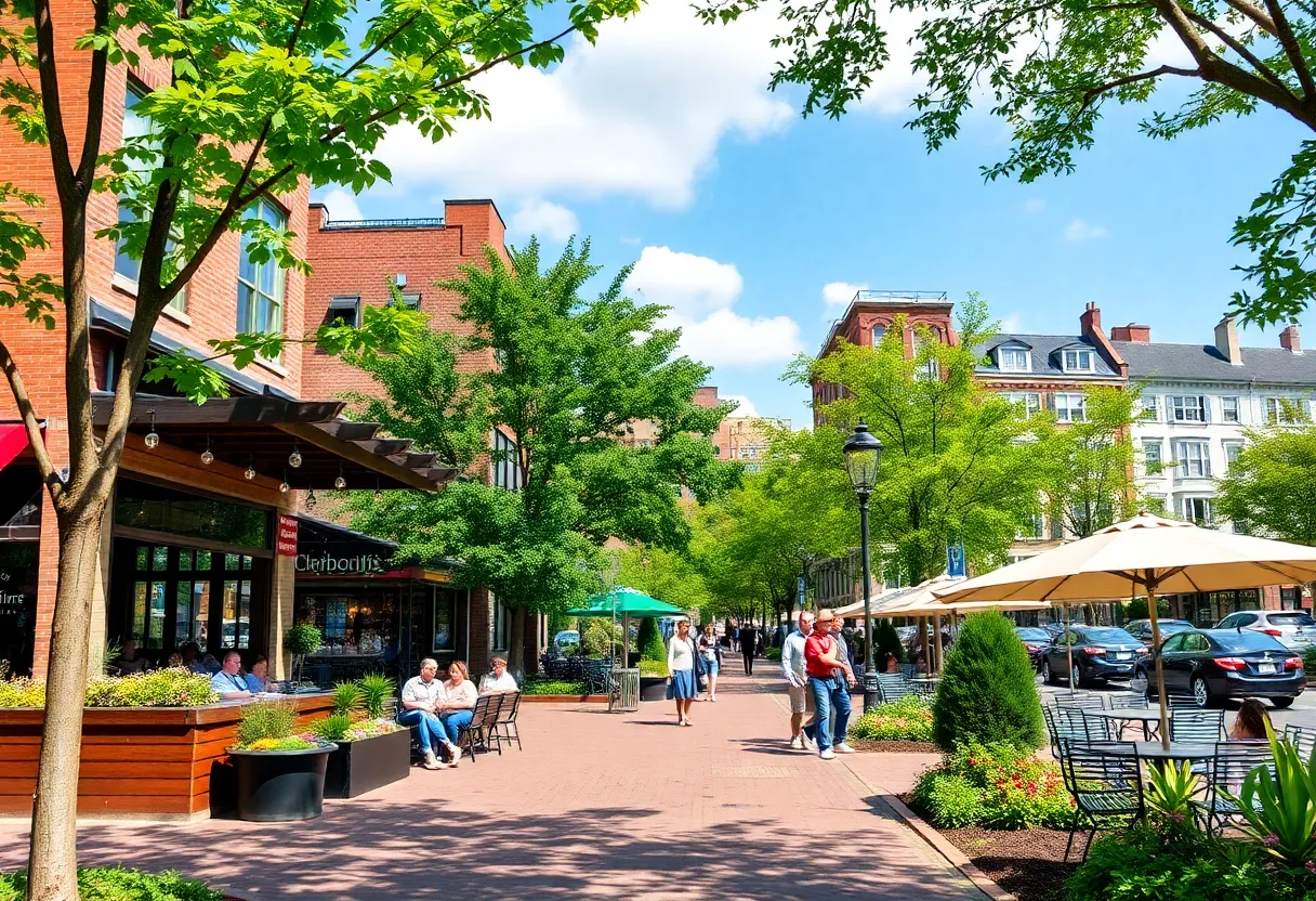 Vibrant neighborhood scene depicting Brookline and Cambridgeport with parks and restaurants