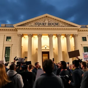 Exterior view of the Cambridge courthouse with media and protestors