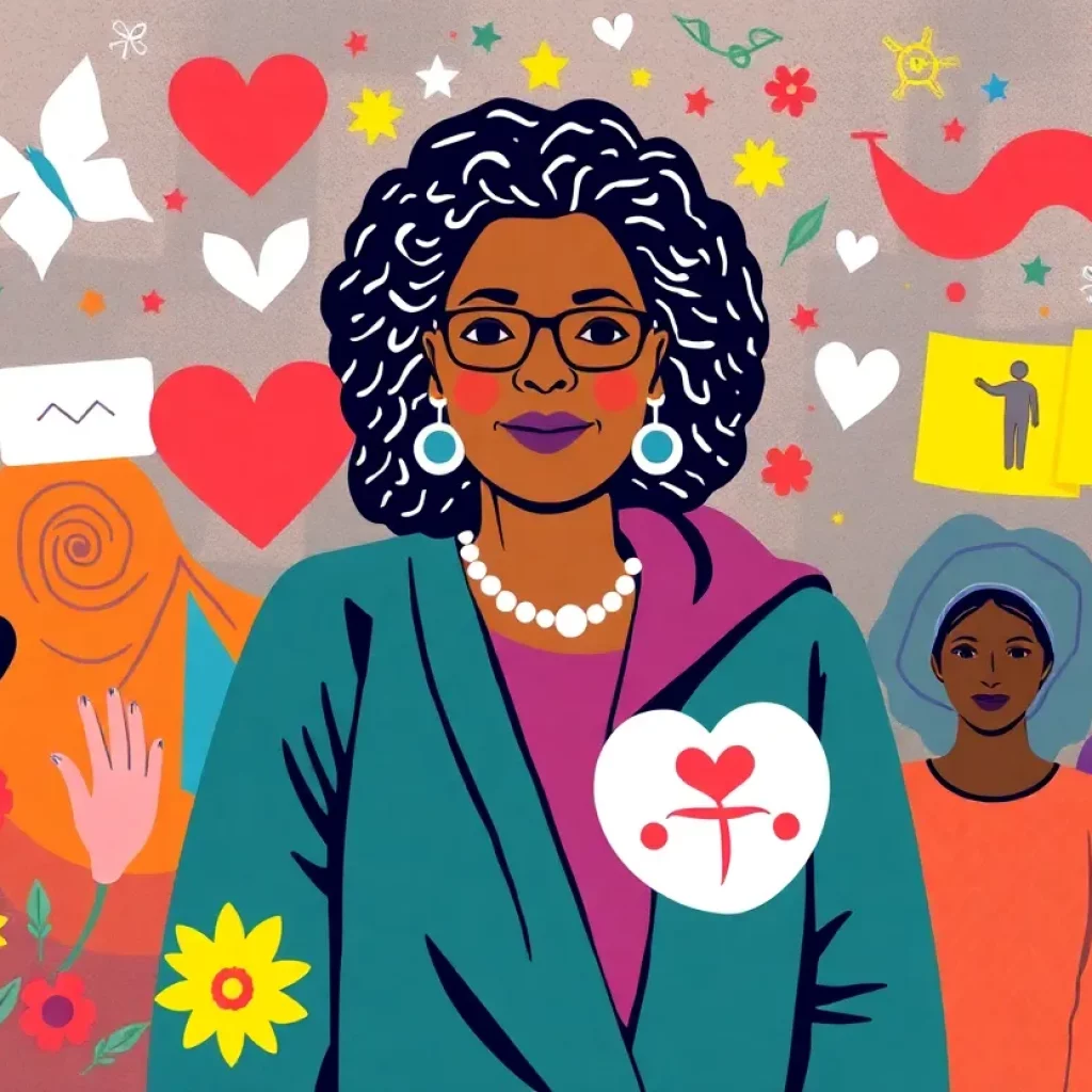 Abstract artwork depicting community engagement and healthcare advocacy.