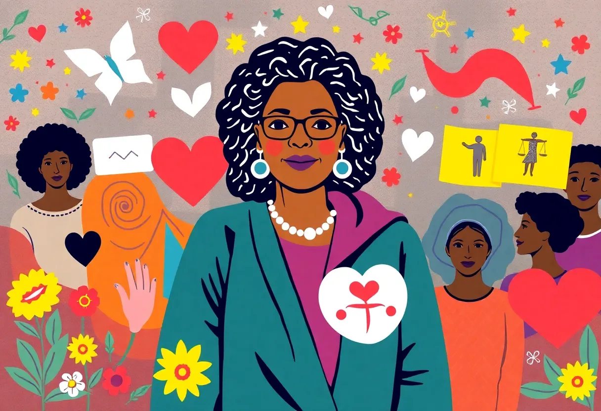 Abstract artwork depicting community engagement and healthcare advocacy.