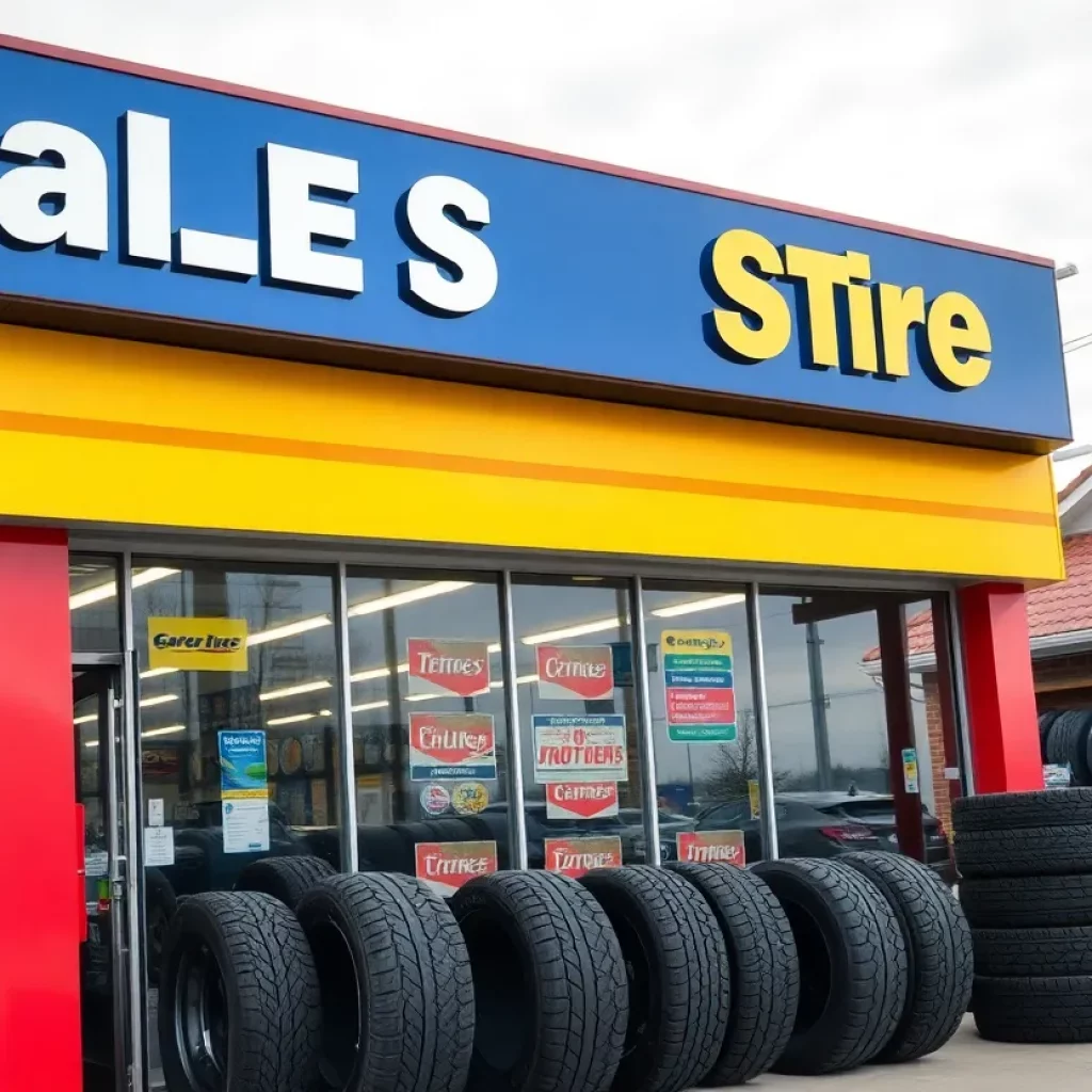 Tire shop during a sale with various tire brands displayed