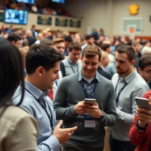 Crowd at college basketball game with mobile devices