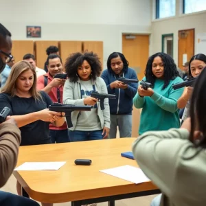 Participants engaging in a gun safety training class
