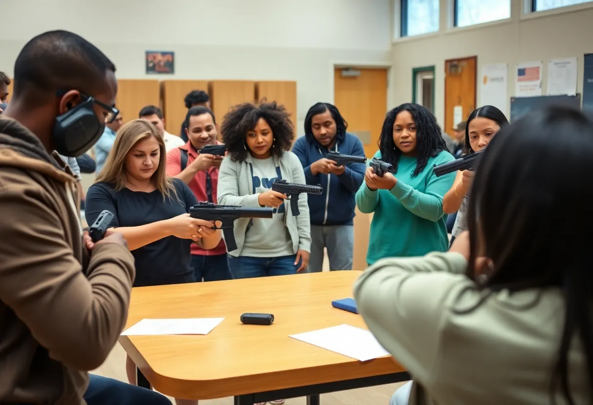 Participants engaging in a gun safety training class