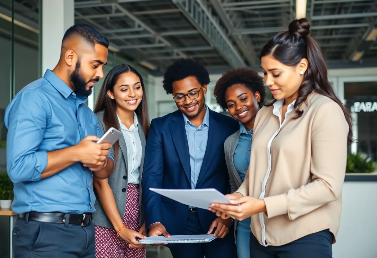 Diverse employees collaborating in an office environment.