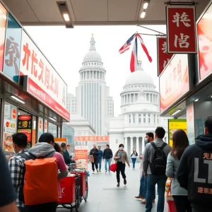Crowded convenience store representing brand merger.