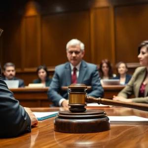 Courtroom scene depicting a copyright dispute involving technology and media.