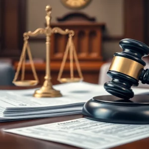 Symbolic representation of financial fraud in a courtroom.