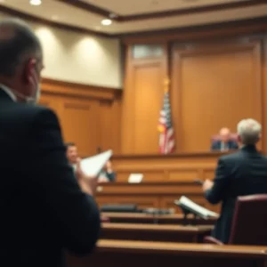 A courtroom depicted with individuals discussing legal proceedings related to financial crimes.