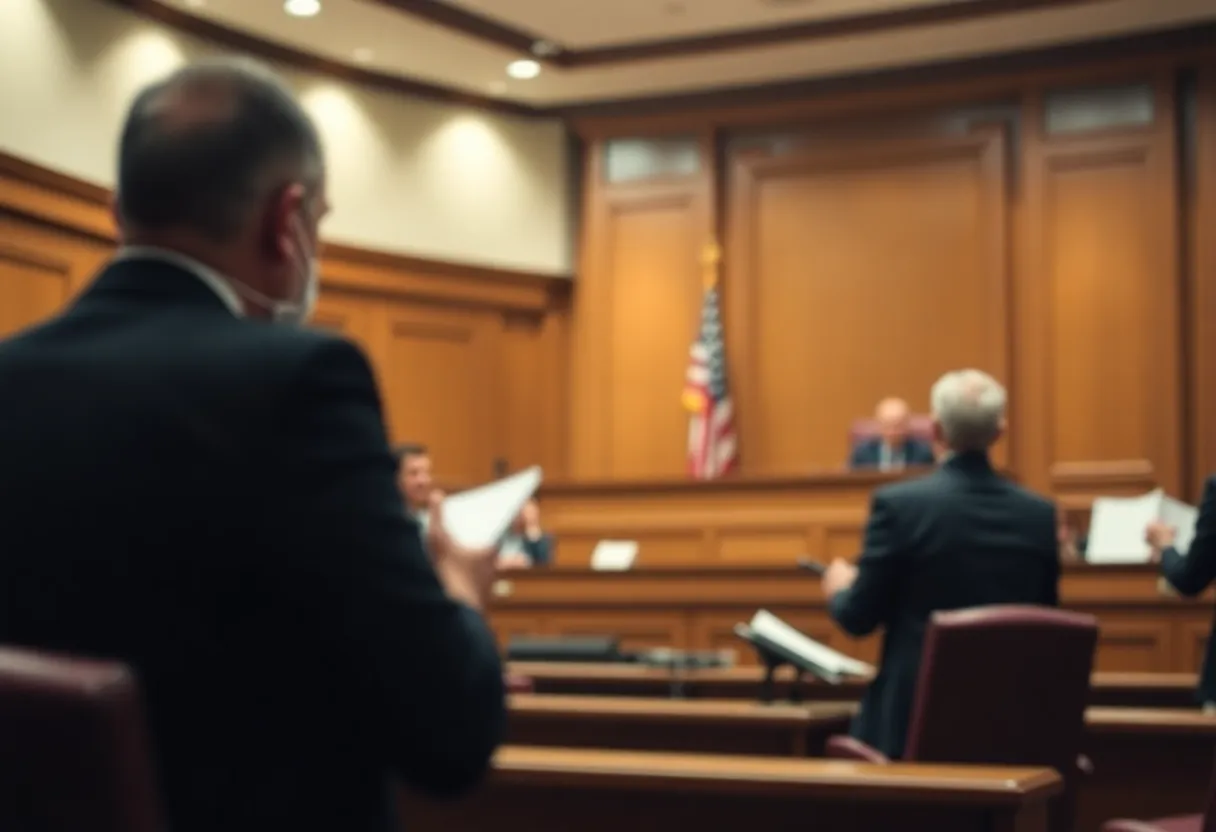 A courtroom depicted with individuals discussing legal proceedings related to financial crimes.