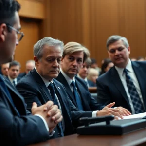 Legal professionals in a courtroom discussing strategy for a high-profile trial.
